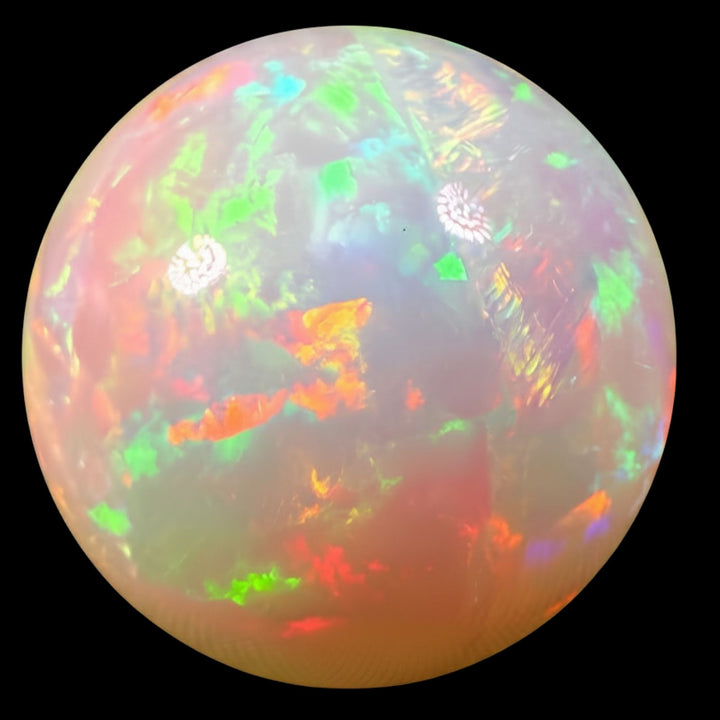 22.8 Ct AAA Quality Natural Ethiopian Welo Opal Sphere / Marble – Dominant Neon Green, Cherry Red & Fiery Orange Fire – Broadflash Rolling Fire Pattern – AAA Collector Grade