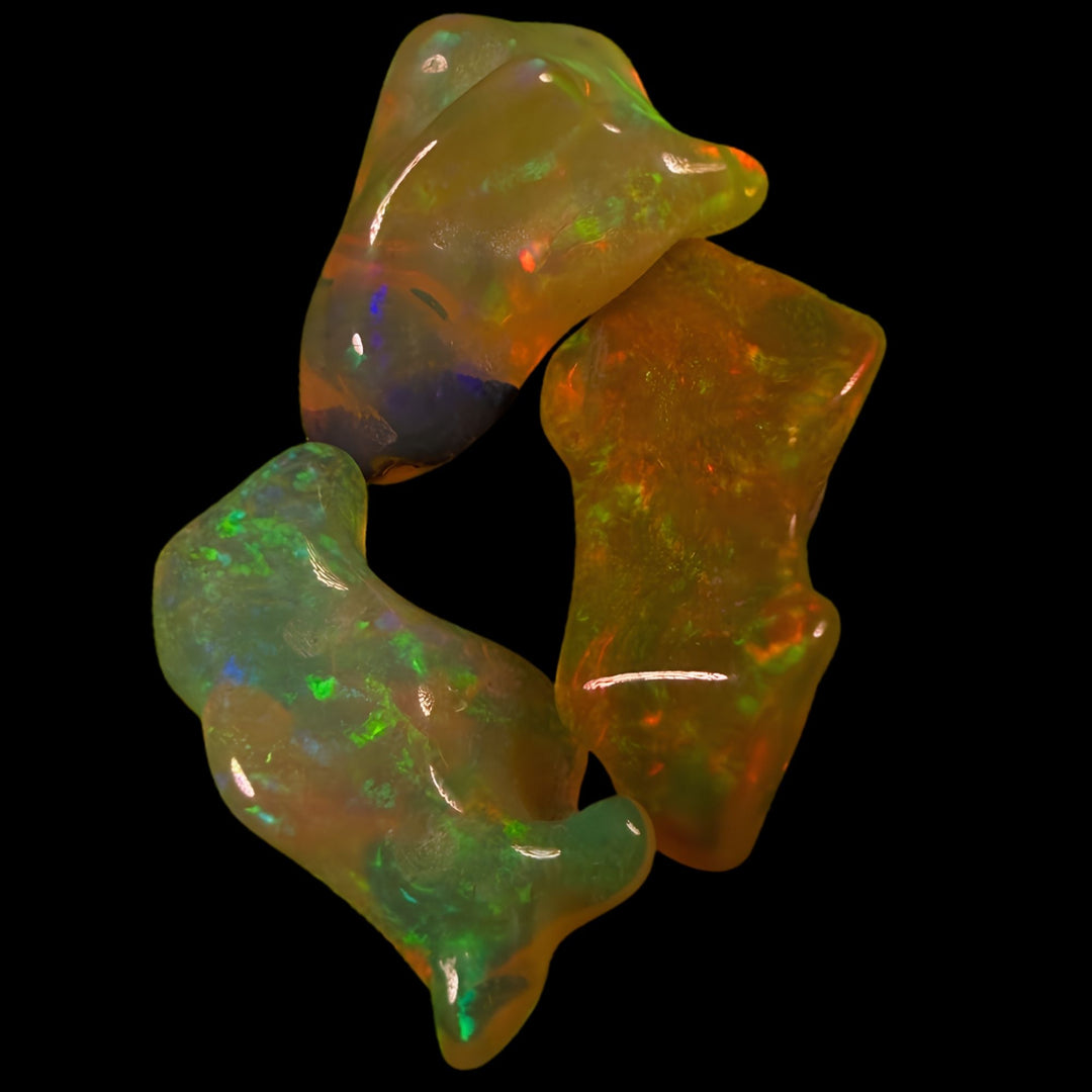 20.31 Ct AAA Quality Natural Ethiopian Welo Opal Nuggets – Neon Green, Golden Orange & Electric Blue Fire – Rolling Flash Moss Pattern – AAA Collector Grade