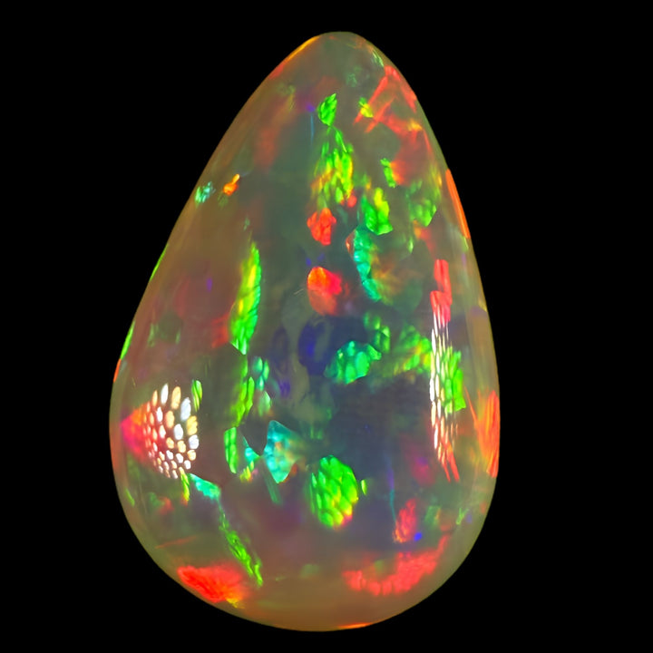 9.88ct AAA quality Natural Ethiopian Welo Opal – Pear Cabochon – Neon Green, Fiery Red & Electric Rainbow Fire – Floral Honeycomb Pattern – AAA Collector Grade