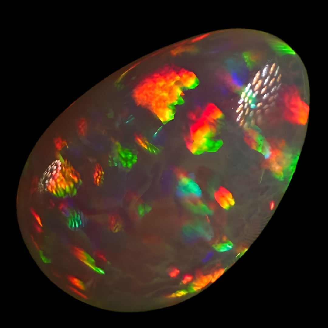 11.95ct AAA quality Natural Ethiopian Welo Opal – Pear Cabochon – Deep Fiery Red, Neon Green & Electric Orange Fire – Honeycomb Confetti Pattern – AAA Collector Grade