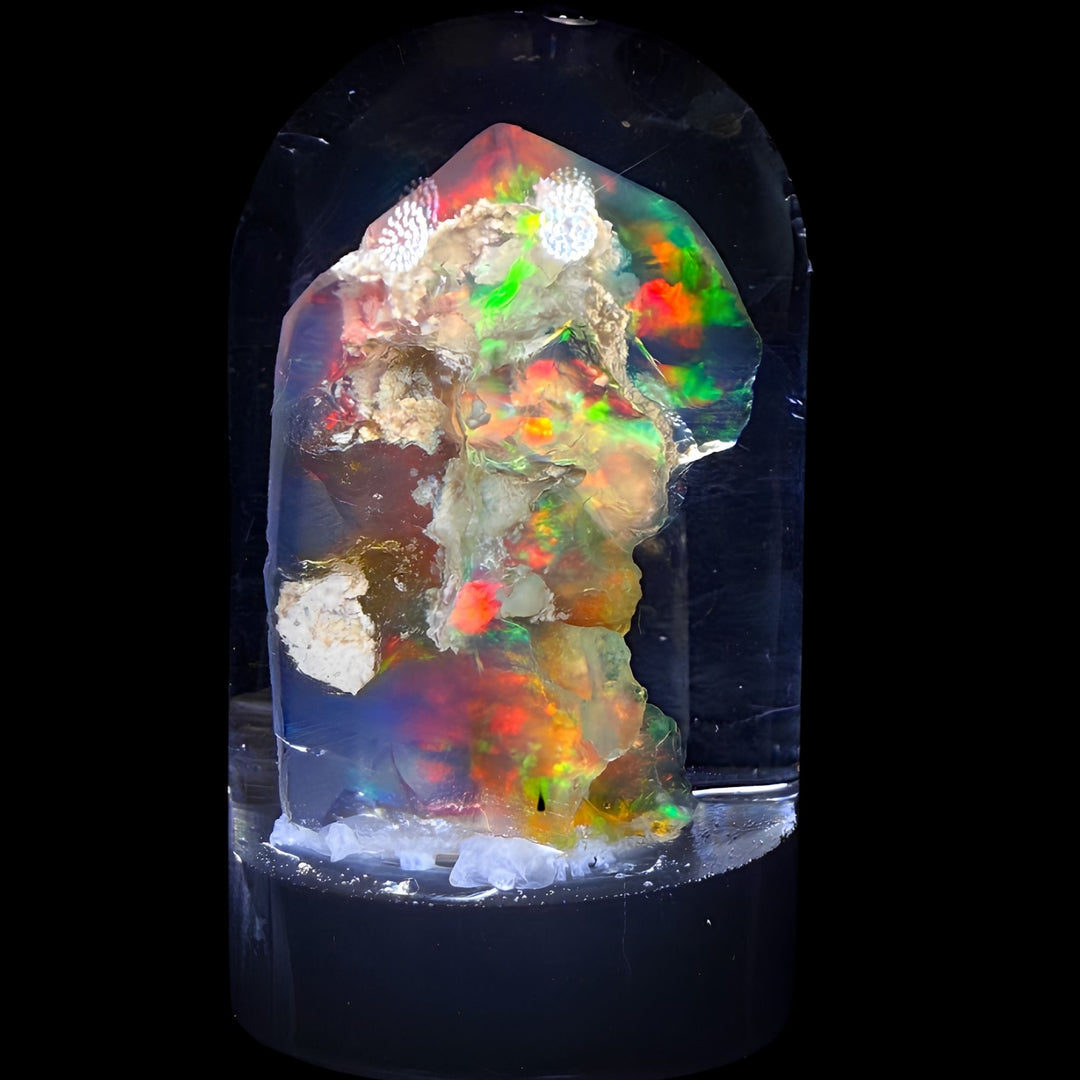 9 Gram Natural Ethiopian Welo Crystal Water Opal Specimen – Dominant Neon Green, Fiery Orange & Golden Broadflash Fire – Freeform Floating Crystal Opal – Collector Display Grade