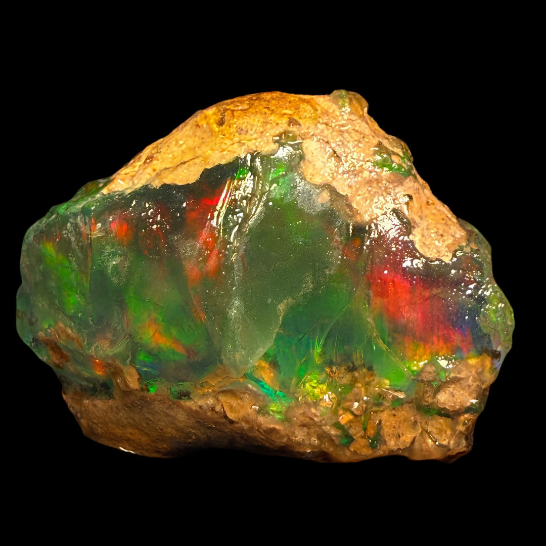 13.18 gr Natural Ethiopian Welo Water Opal – Dominant Neon Green, Fiery Red & Electric Orange Fire – Raw Water Opal – One-of-a-Kind Collector Grade