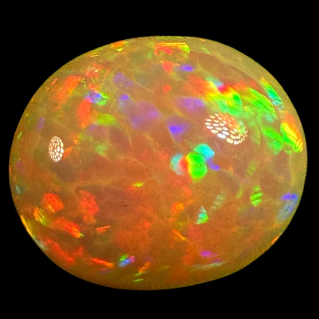 11.17ct AAA quality Natural Ethiopian Welo Opal – Oval Cabochon – Neon Green, Fiery Orange & Electric Red Fire – Broadflash Honeycomb Pattern – AAA Collector Grade