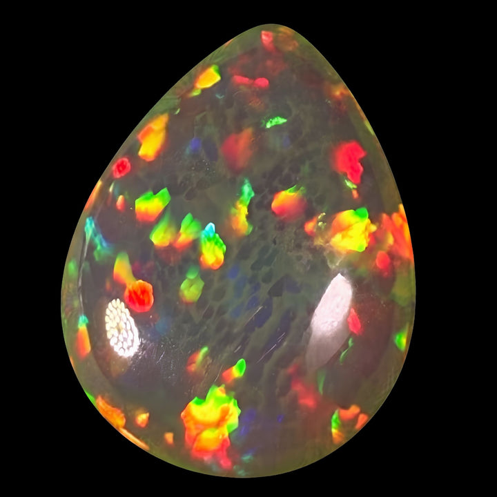 5.3ct AAA quality Natural Ethiopian Welo Opal – Pear Cabochon – Intense Fiery Red, Neon Green & Electric Blue Fire – Honeycomb Mosaic Pattern – AAA Collector Grade