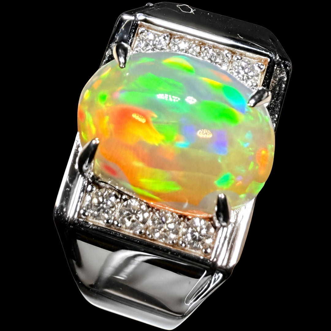 Natural Ethiopian Welo Opal Ring – Dominant Neon Green, Fiery Orange & Electric Blue Fire | Luxury Opal Ring