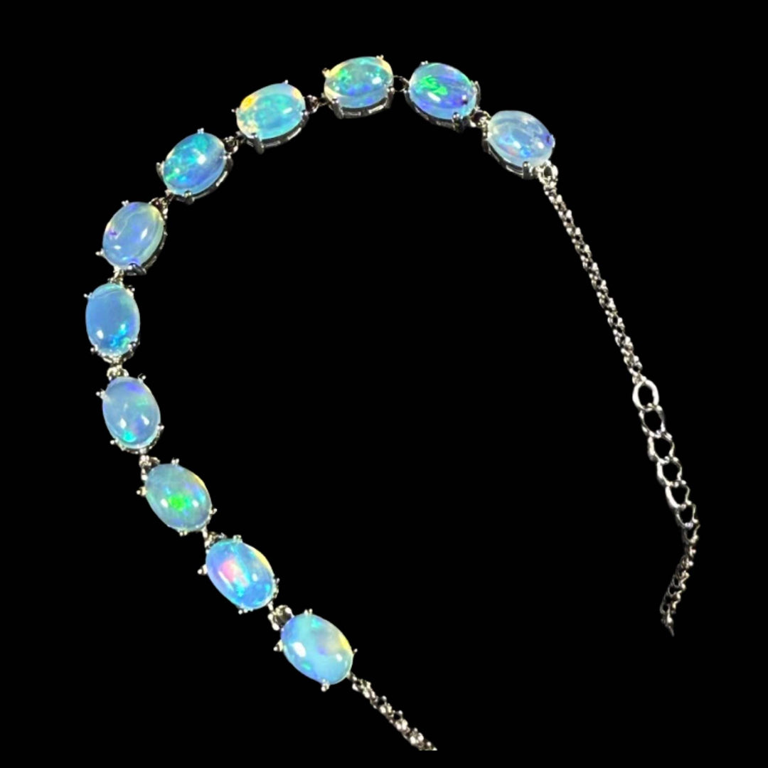 14 Ct AAA Quality Natural Ethiopian Welo Opal Bracelet – Soft Neon Blue, Electric Green & Aqua Fire | One-of-a-Kind