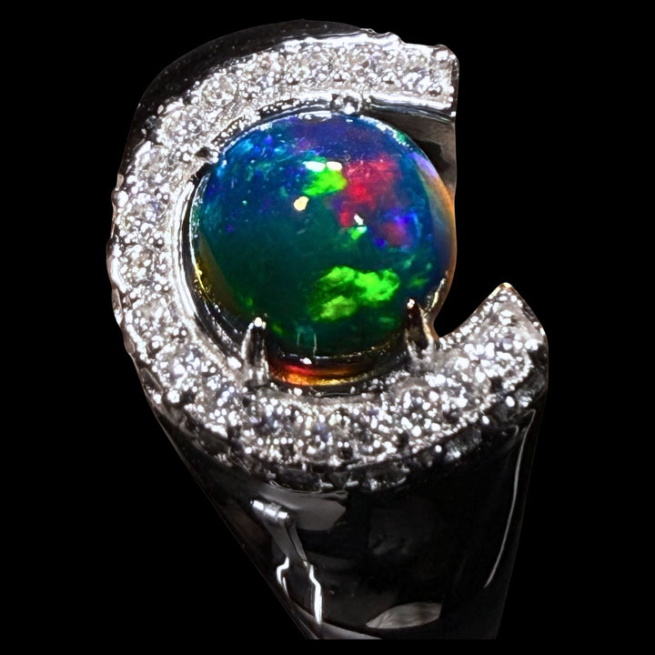 Black Opal Horseshoe Halo Ring Round Cabochon – Aurora Ocean Fire