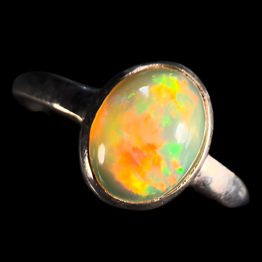 Natural Ethiopian Welo Opal Ring – Neon Green & Fiery Orange Crystal Fire | Elegant Oval Opal Ring