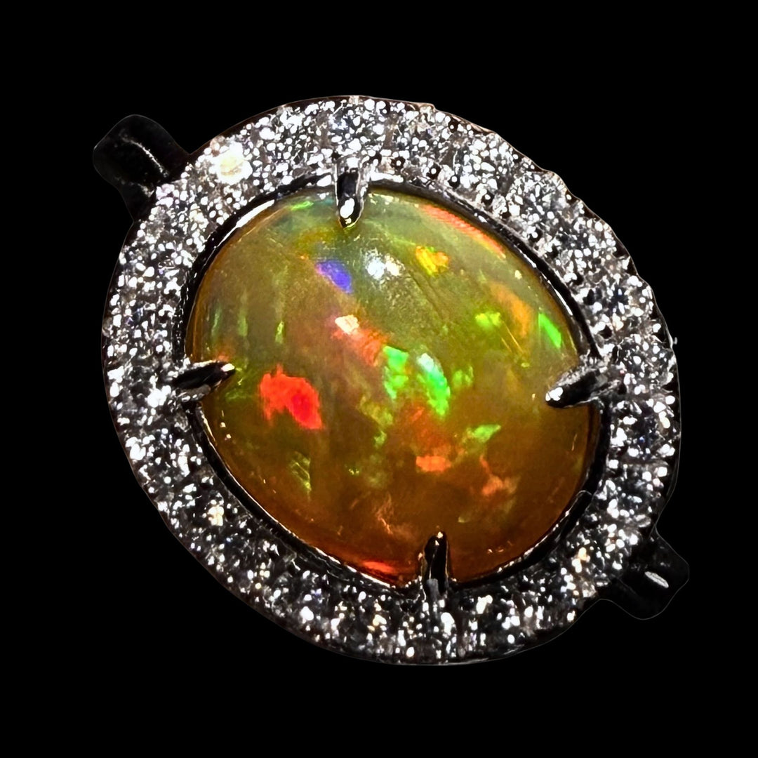 Natural Ethiopian Welo Opal Ring – Dominant Neon Green, Fiery Orange & Bright Red Fire | Luxury Halo Opal Ring
