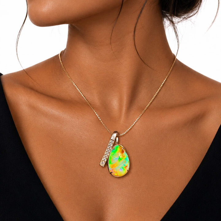 7 Ct AAA Quality Natural Ethiopian Welo Opal Pendant – Dominant Neon Green, Fiery Orange & Electric Blue Fire | One-of-a-Kind
