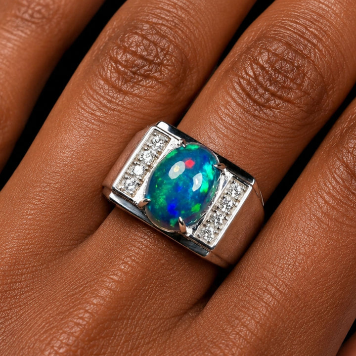 Natural Ethiopian Welo Opal Ring – Dominant Electric Blue, Neon Green & Fiery Red Fire | Luxury Opal Ring