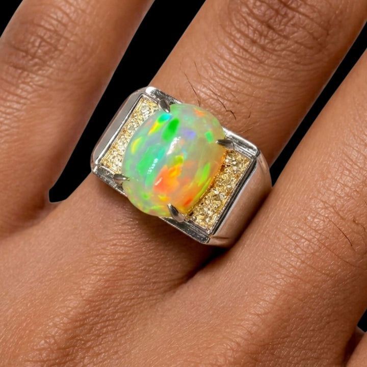 Natural Ethiopian Welo Opal Ring – Dominant Neon Green, Fiery Orange & Electric Blue Fire | Luxury Opal Ring