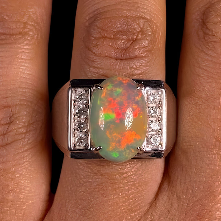 Natural Ethiopian Welo Opal Ring – Dominant Neon Green, Fiery Orange & Bright Red Fire | Luxury Opal Ring