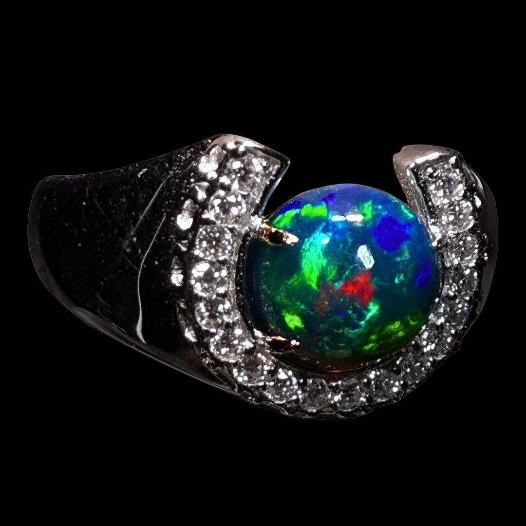 Black Opal Horseshoe Halo Ring Round Cabochon – Aurora Ocean Fire
