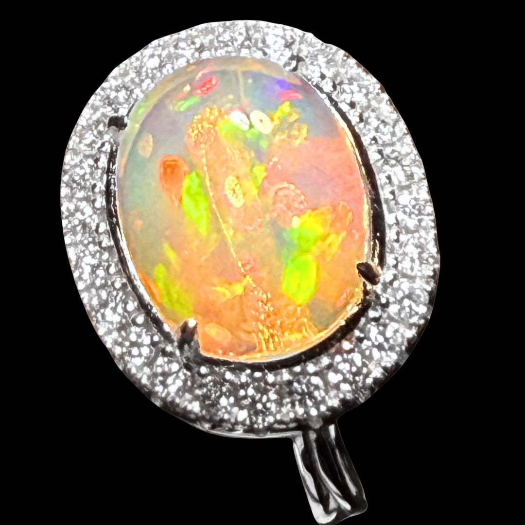 Natural Ethiopian Welo Opal Ring – Dominant Neon Green, Fiery Orange & Electric Blue Fire | Luxury Halo Opal Ring