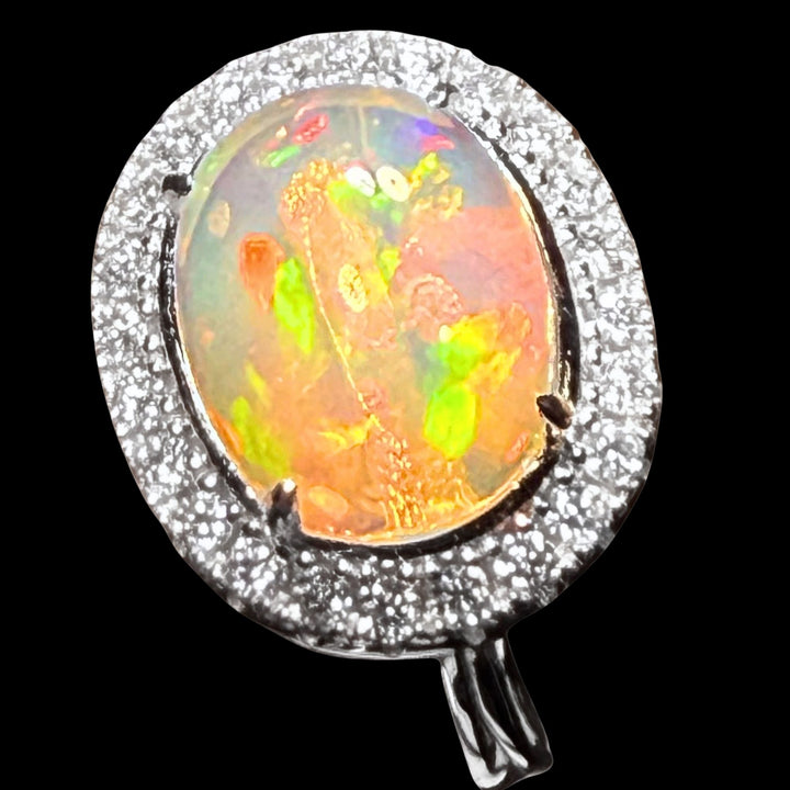 Natural Ethiopian Welo Opal Ring – Dominant Neon Green, Fiery Orange & Electric Blue Fire | Luxury Halo Opal Ring