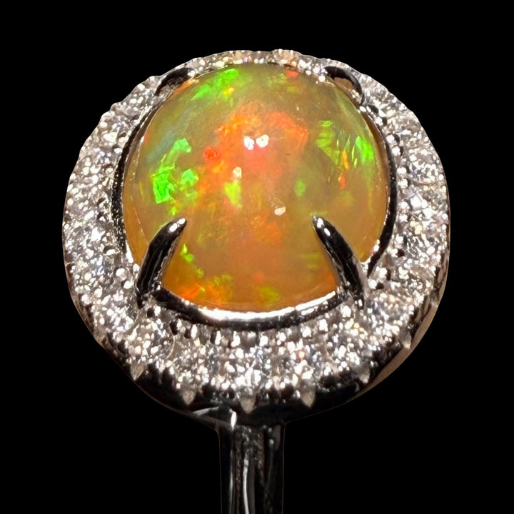 Natural Ethiopian Welo Opal Ring – Dominant Neon Green, Fiery Orange & Bright Red Fire | Luxury Halo Opal Ring