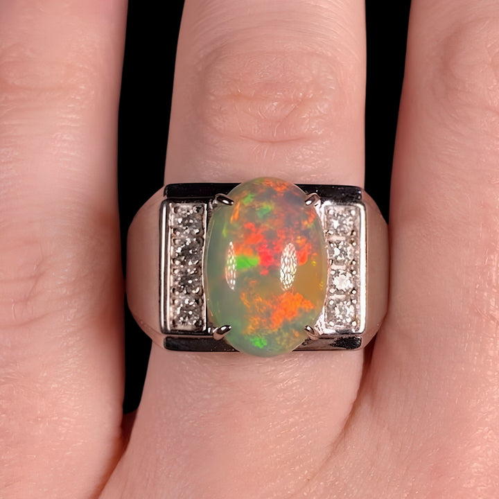 Natural Ethiopian Welo Opal Ring – Dominant Neon Green, Fiery Orange & Bright Red Fire | Luxury Opal Ring