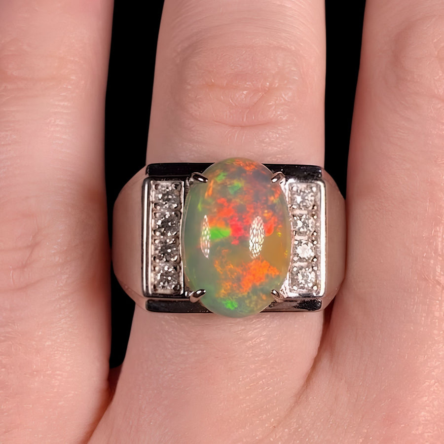 Natural Ethiopian Welo Opal Ring – Dominant Neon Green, Fiery Orange & Bright Red Fire | Luxury Opal Ring