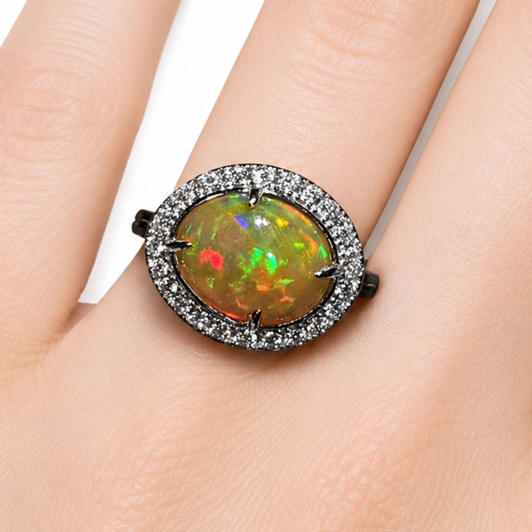 Natural Ethiopian Welo Opal Ring – Dominant Neon Green, Fiery Orange & Bright Red Fire | Luxury Halo Opal Ring