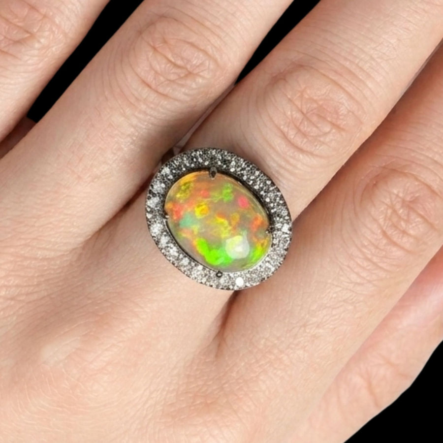 Natural Ethiopian Welo Opal Ring – Dominant Neon Green, Fiery Orange & Electric Blue Fire | Luxury Halo Opal Ring