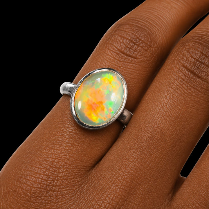 Natural Ethiopian Welo Opal Ring – Neon Green & Fiery Orange Crystal Fire | Elegant Oval Opal Ring