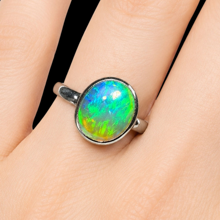 Natural Ethiopian Welo Opal Ring – Neon Green & Electric Blue Fire | Vibrant Crystal Opal Ring
