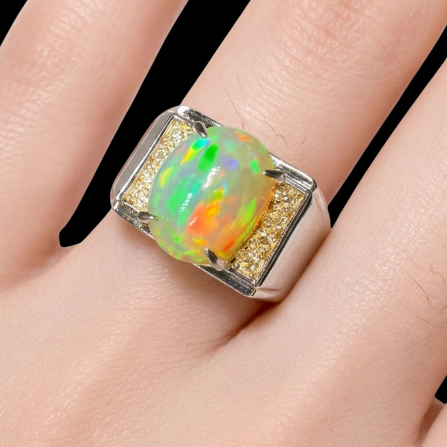 Natural Ethiopian Welo Opal Ring – Dominant Neon Green, Fiery Orange & Electric Blue Fire | Luxury Opal Ring