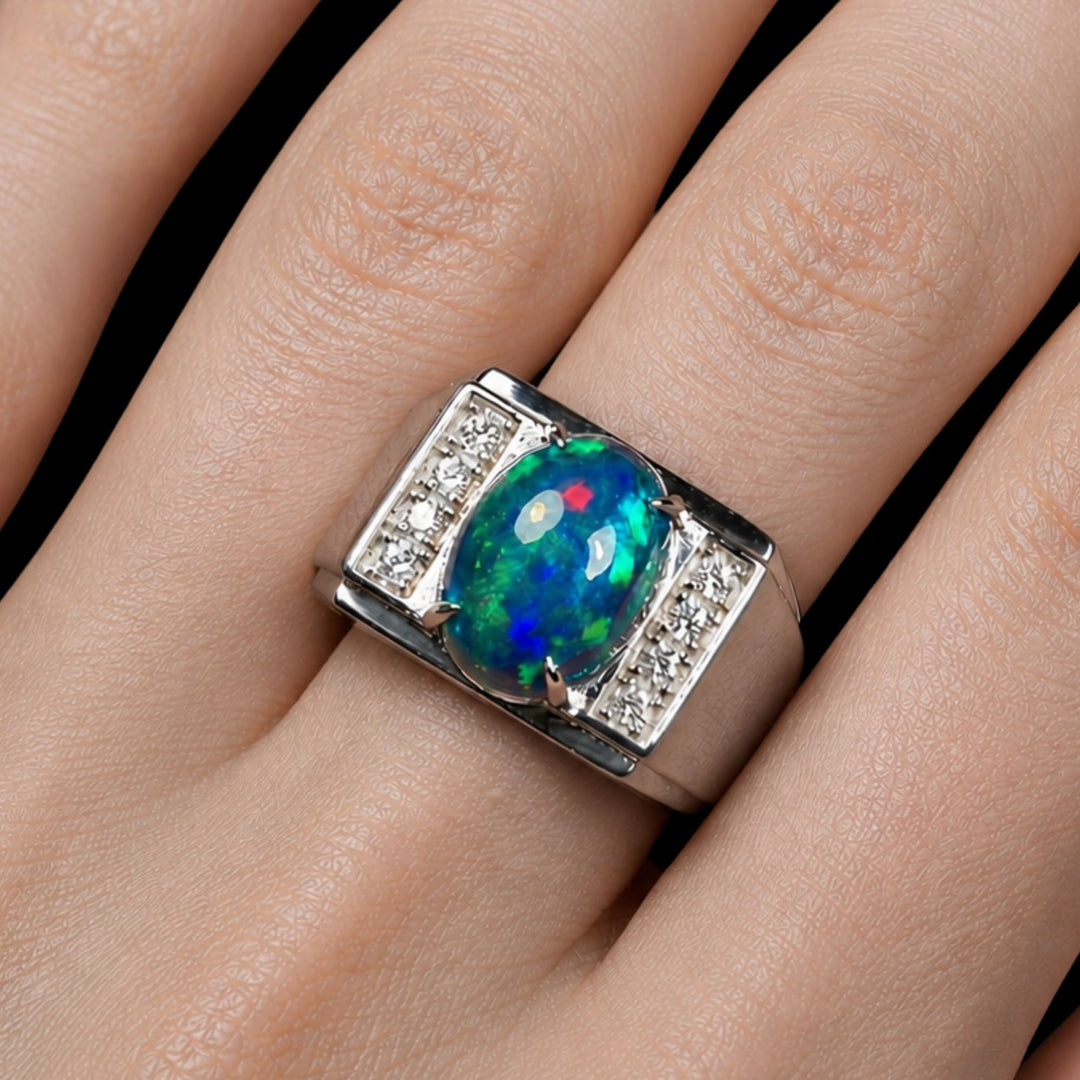 Natural Ethiopian Welo Opal Ring – Dominant Electric Blue, Neon Green & Fiery Red Fire | Luxury Opal Ring