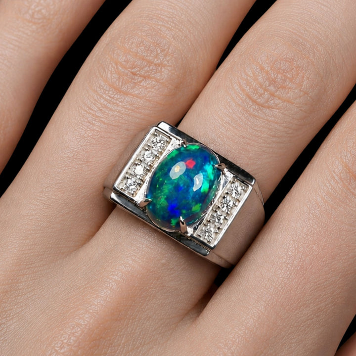 Natural Ethiopian Welo Opal Ring – Dominant Electric Blue, Neon Green & Fiery Red Fire | Luxury Opal Ring
