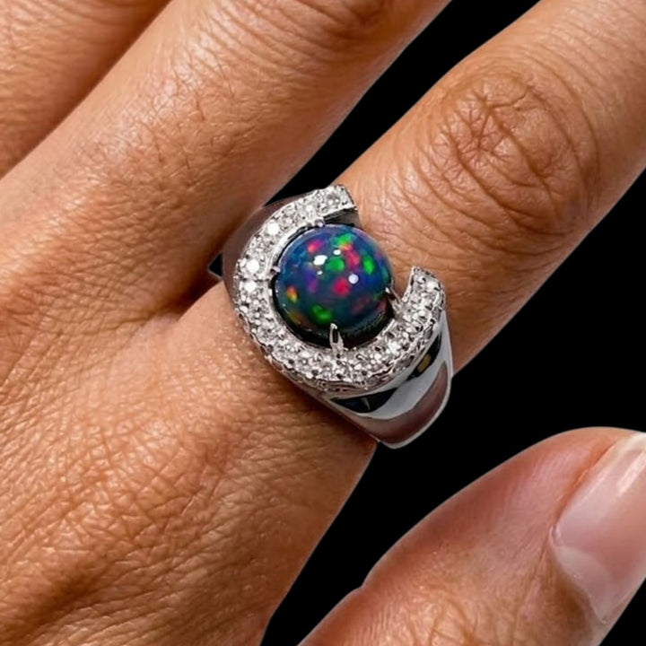 Black Opal Horseshoe Halo Ring Round Cabochon – Aurora Ocean Fire