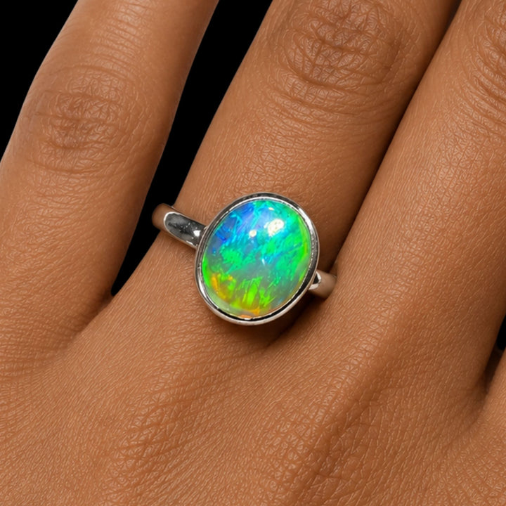 Natural Ethiopian Welo Opal Ring – Neon Green & Electric Blue Fire | Vibrant Crystal Opal Ring