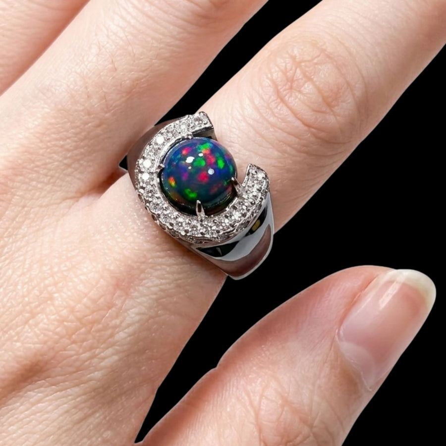 Black Opal Horseshoe Halo Ring Round Cabochon – Aurora Ocean Fire