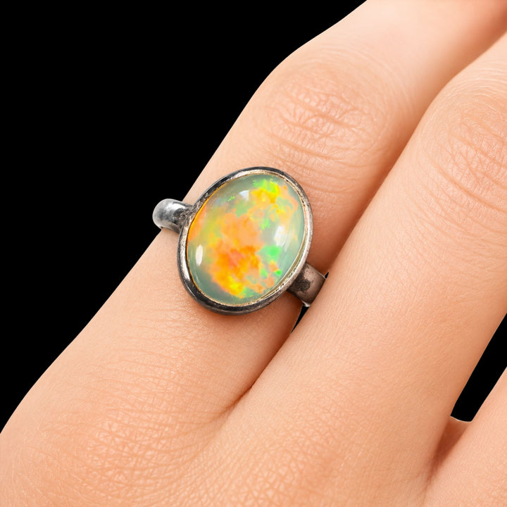 Natural Ethiopian Welo Opal Ring – Neon Green & Fiery Orange Crystal Fire | Elegant Oval Opal Ring