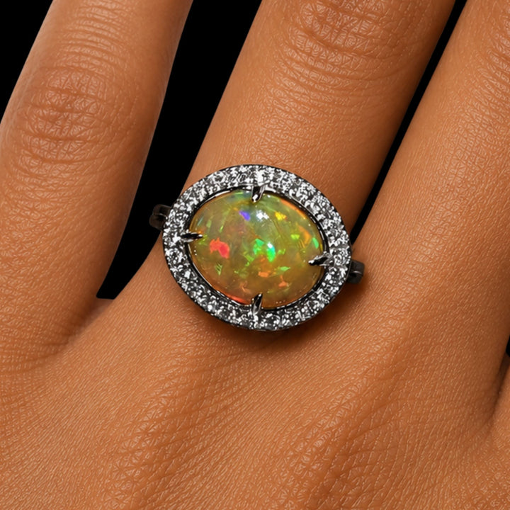 Natural Ethiopian Welo Opal Ring – Dominant Neon Green, Fiery Orange & Bright Red Fire | Luxury Halo Opal Ring