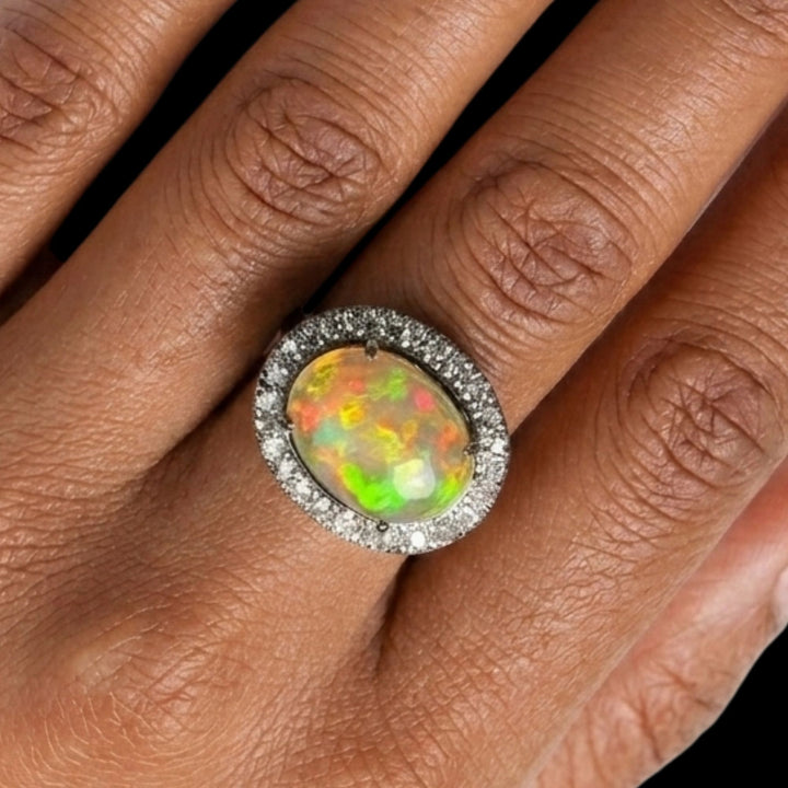 Natural Ethiopian Welo Opal Ring – Dominant Neon Green, Fiery Orange & Electric Blue Fire | Luxury Halo Opal Ring