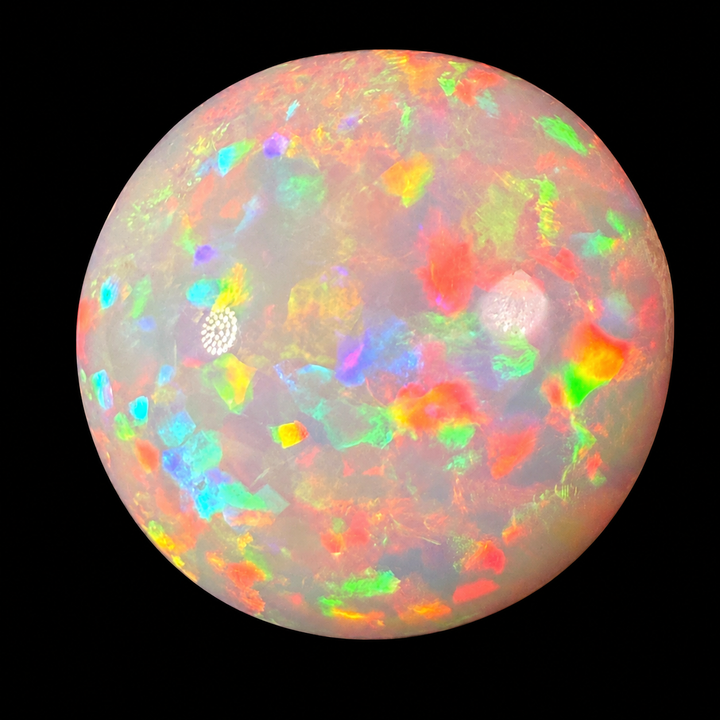 14.13ct AAA Quality Natural Ethiopian Welo Opal – Round Cabochon – Intense Fiery Red, Neon Green & Electric Blue Fire – Floral Mosaic Pattern – AAA Collector Grade