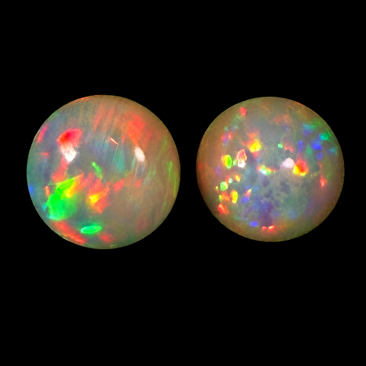 2.50 Ct AAA Natural Ethiopian Welo Opal Pair – Round Cabochons – Neon Red, Green & Electric Blue Fire – Confetti Floral Pattern – AAA Matching Pair Grade