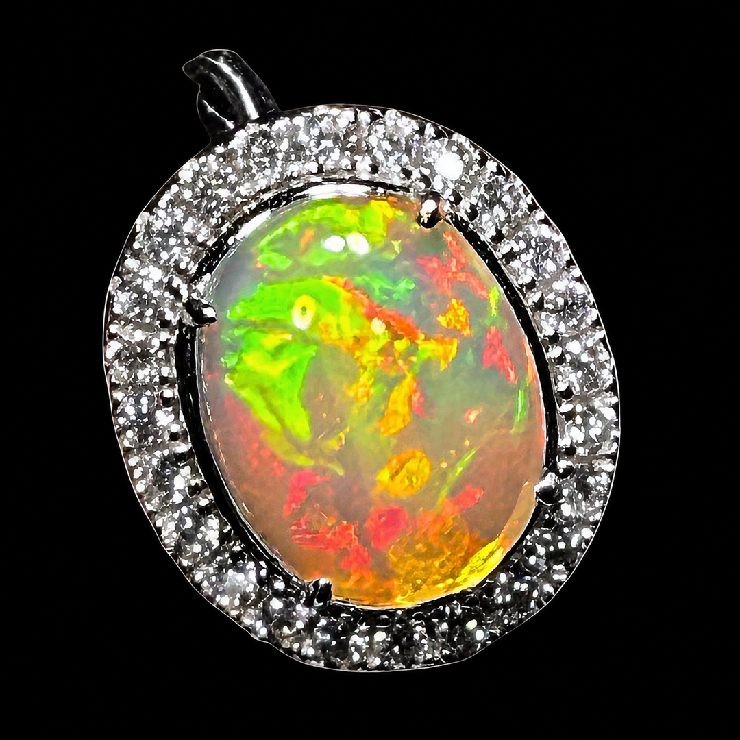 Natural Ethiopian Welo Opal Ring – Dominant Neon Green, Fiery Orange & Bright Red Fire | Luxury Halo Opal Ring