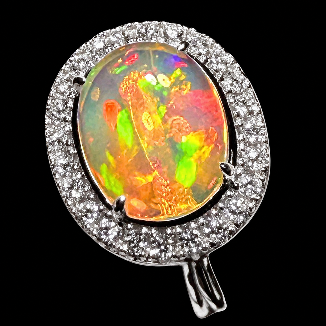 Natural Ethiopian Welo Opal Ring – Dominant Neon Green, Fiery Orange & Bright Red Fire | Luxury Halo Opal Ring