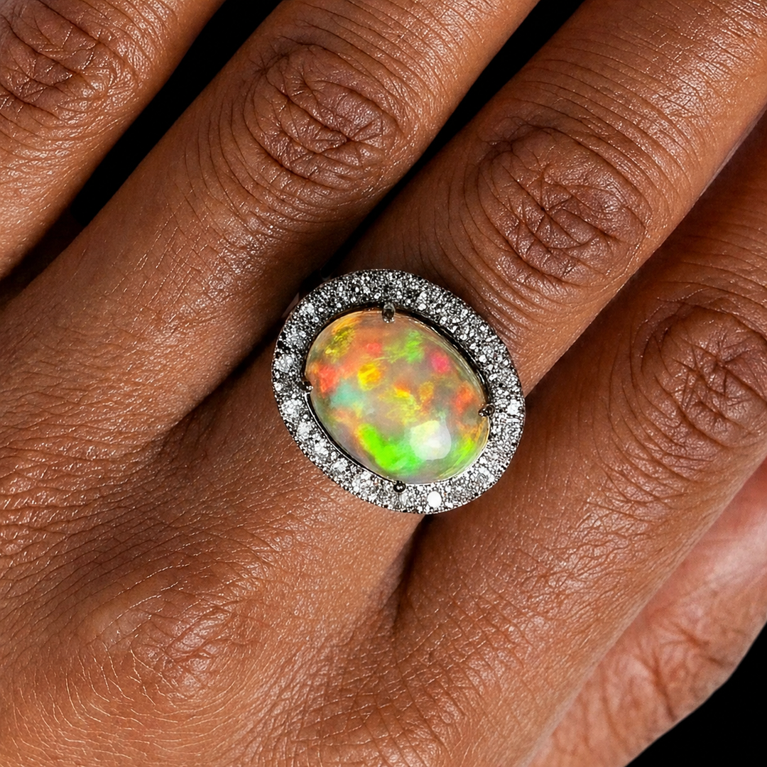 Natural Ethiopian Welo Opal Ring – Dominant Neon Green, Fiery Orange & Bright Red Fire | Luxury Halo Opal Ring