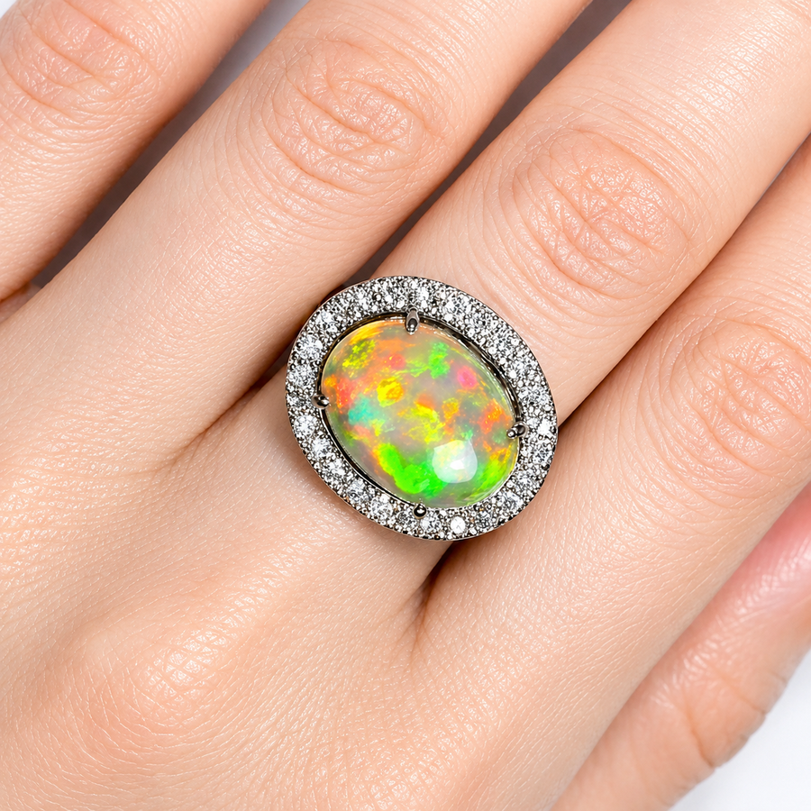 Natural Ethiopian Welo Opal Ring – Dominant Neon Green, Fiery Orange & Bright Red Fire | Luxury Halo Opal Ring
