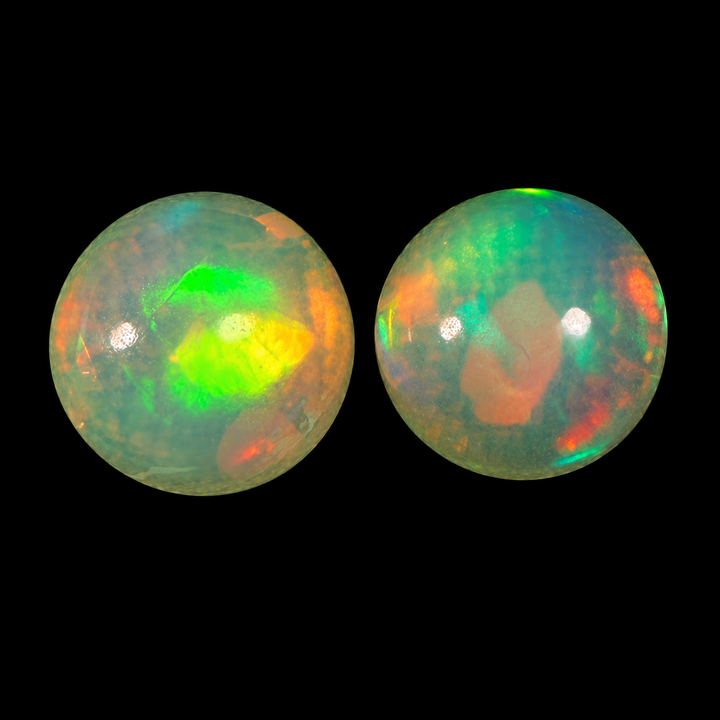 3.01 Ct AAA Natural Ethiopian Welo Opal Pair – Round Cabochons – Neon Green, Aqua Blue & Sunset Orange Fire – Broadflash Cloud Pattern – AAA Matching Pair Grade