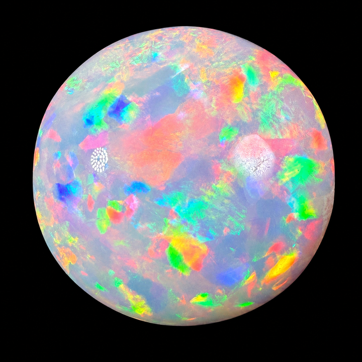 14.13ct AAA Quality Natural Ethiopian Welo Opal – Round Cabochon – Intense Fiery Red, Neon Green & Electric Blue Fire – Floral Mosaic Pattern – AAA Collector Grade