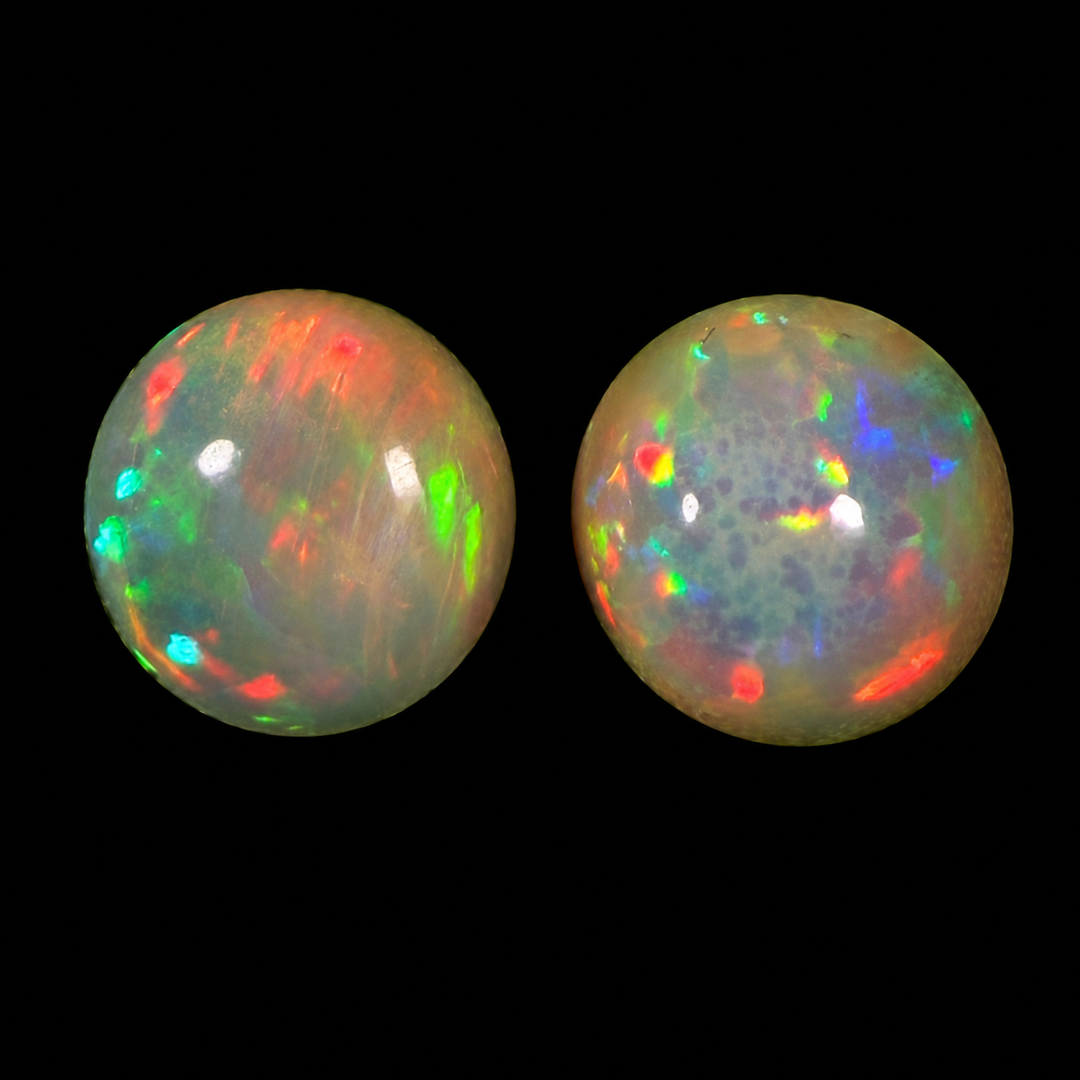 2.50 Ct AAA Natural Ethiopian Welo Opal Pair – Round Cabochons – Neon Red, Green & Electric Blue Fire – Confetti Floral Pattern – AAA Matching Pair Grade