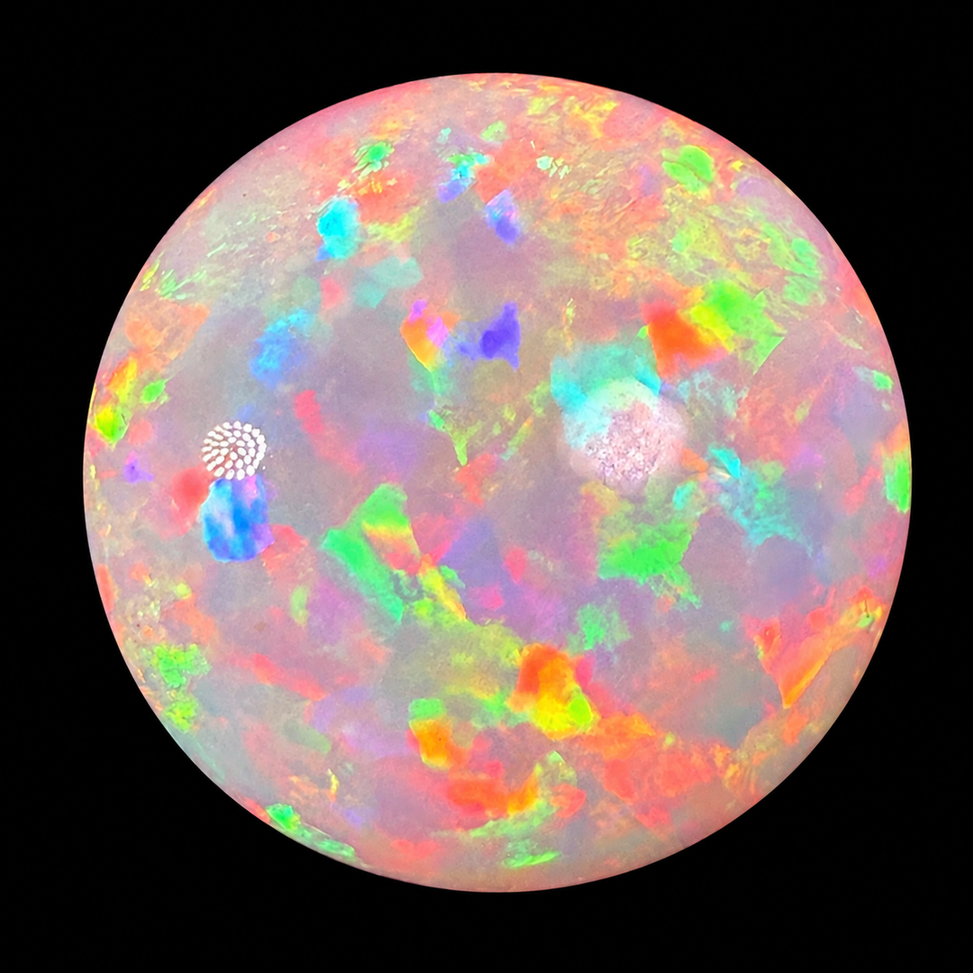14.13ct AAA Quality Natural Ethiopian Welo Opal – Round Cabochon – Intense Fiery Red, Neon Green & Electric Blue Fire – Floral Mosaic Pattern – AAA Collector Grade