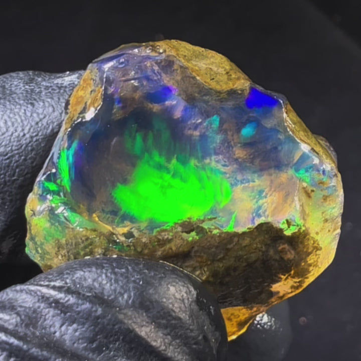 12.35 gr Natural Ethiopian Welo Water Opal – Dominant Neon Green, Electric Blue & Golden Fire – Raw Water Opal – One-of-a-Kind Collector Grade