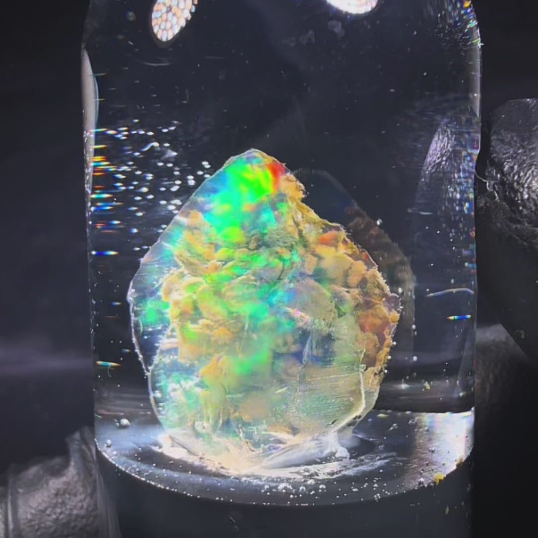 3.57 Gram Natural Ethiopian Welo Crystal Water Opal Specimen – Dominant Fiery Red, Orange & Neon Green Fire – Freeform Honey Crystal Opal – Collector Display Grade