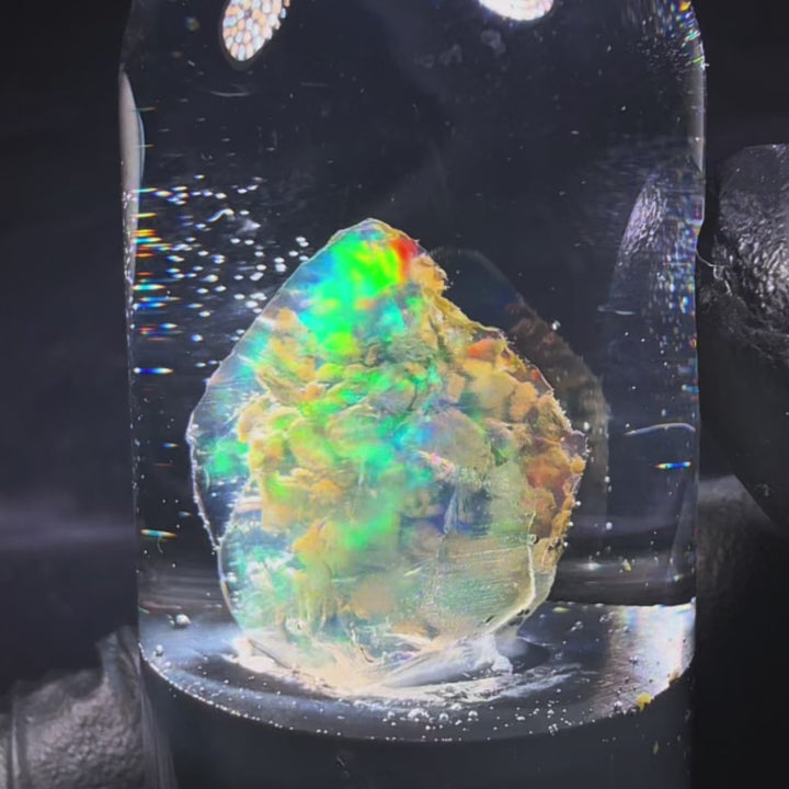 3.57 Gram Natural Ethiopian Welo Crystal Water Opal Specimen – Dominant Fiery Red, Orange & Neon Green Fire – Freeform Honey Crystal Opal – Collector Display Grade