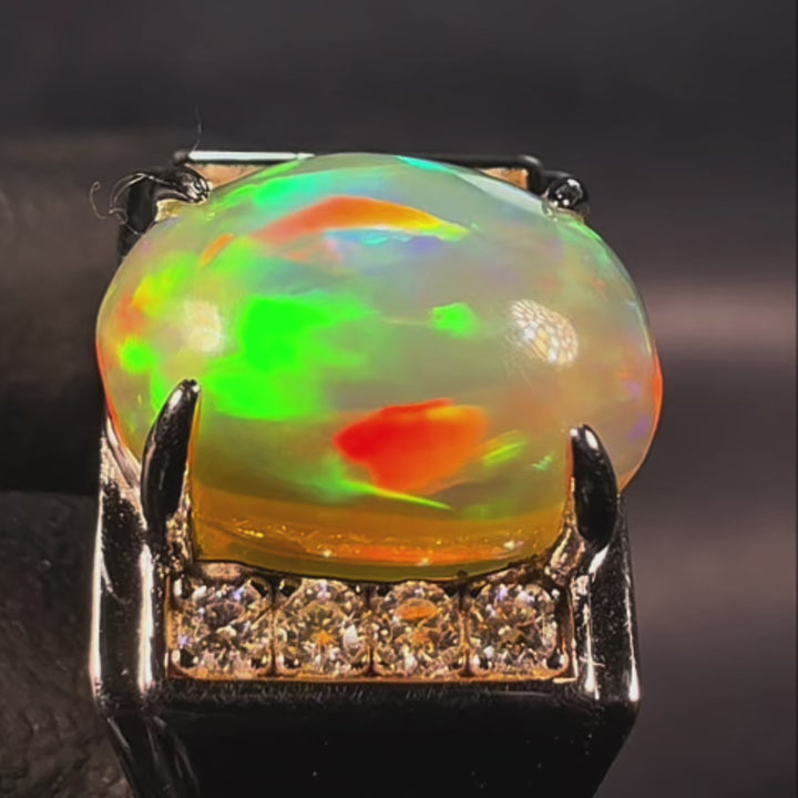 Natural Ethiopian Welo Opal Ring – Dominant Neon Green, Fiery Orange & Electric Blue Fire | Luxury Opal Ring
